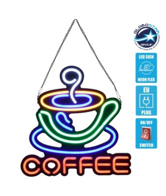 GloboStar® 85855 Φωτιστικό Ταμπέλα Φωτεινή Επιγραφή NEON LED Σήμανσης COFFEE 30W AC 230V με Διακόπτη On-Off Λευκό - Γαλάζιο - Κίτρινο - Πράσινο - Κόκκινο